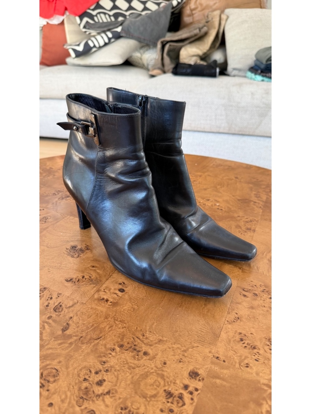 Via Spiga Black Leather Ankle Boots with Buckle Detail